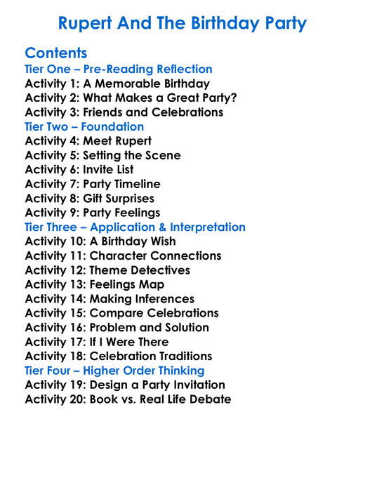 Rupert And The Birthday Party Worksheet Activity Booklet