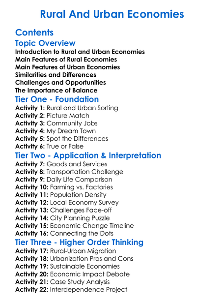 Rural And Urban Economies Worksheet Activity Booklet