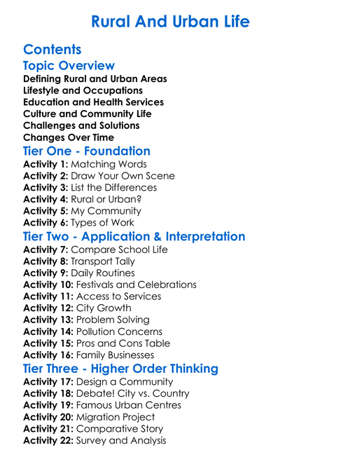 Rural And Urban Life Worksheet Activity Booklet