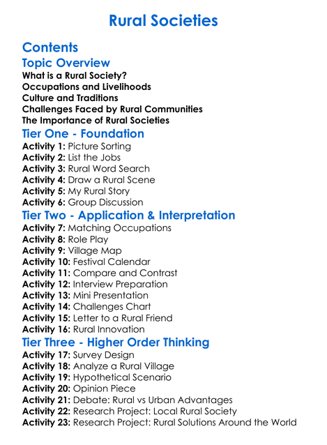 Rural Societies Worksheet Activity Booklet