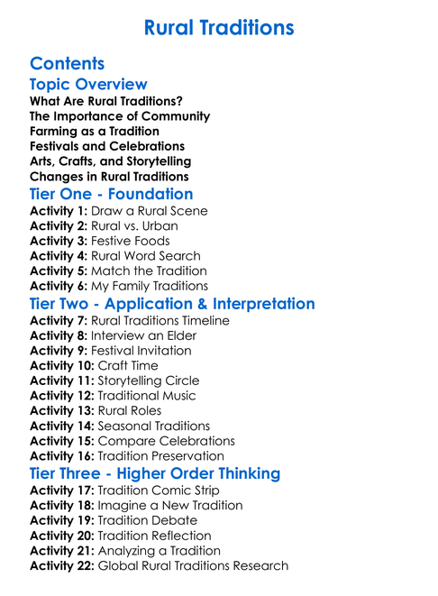 Rural Traditions Worksheet Activity Booklet
