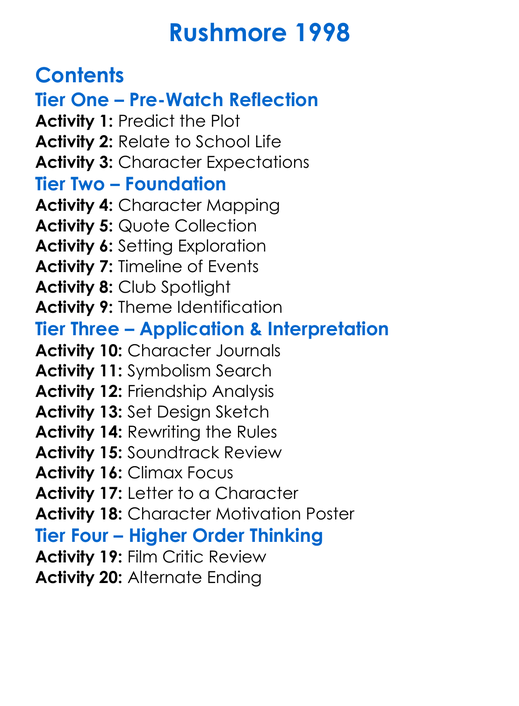 Rushmore 1998 Worksheet Activity Booklet