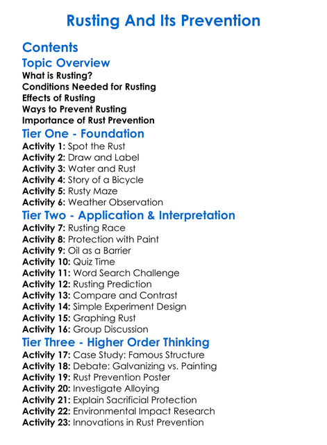 Rusting And Its Prevention Worksheet Activity Booklet