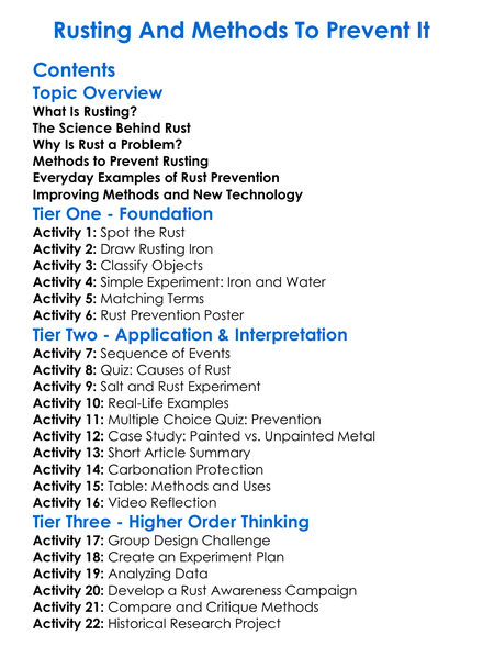 Rusting And Methods To Prevent It Worksheet Activity Booklet