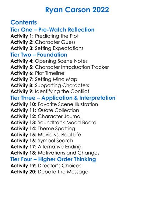 Ryan Carson 2022 Worksheet Activity Booklet