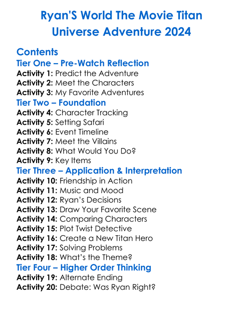 Ryans World The Movie Titan Universe Adventure 2024 Worksheet Activity Booklet