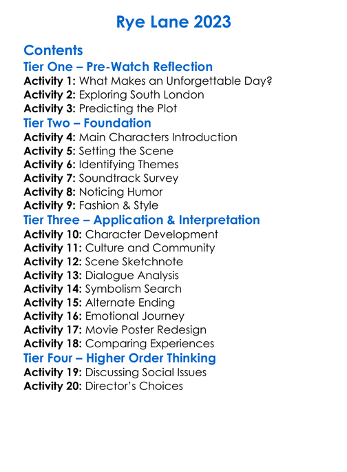 Rye Lane 2023 Worksheet Activity Booklet