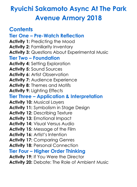 Ryuichi Sakamoto Async At The Park Avenue Armory 2018 Worksheet Activity Booklet