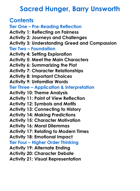 Sacred Hunger Barry Unsworth Worksheet Activity Booklet
