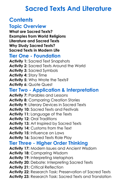 Sacred Texts And Literature Worksheet Activity Booklet