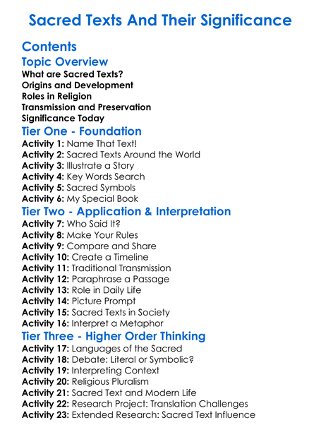 Sacred Texts And Their Significance Worksheet Activity Booklet