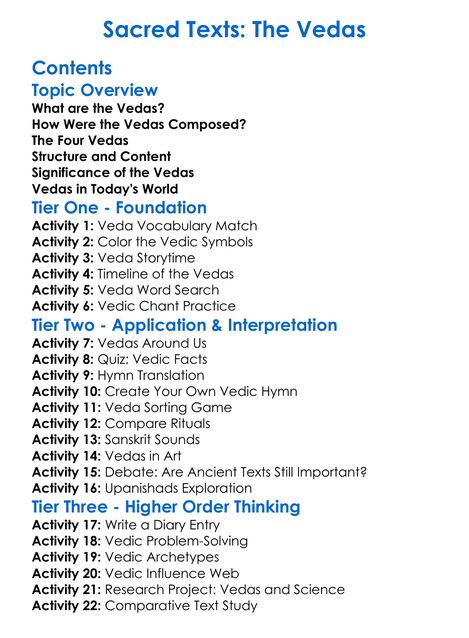 Sacred Texts The Vedas Worksheet Activity Booklet