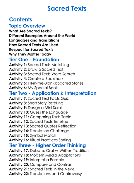 Sacred Texts Worksheet Activity Booklet
