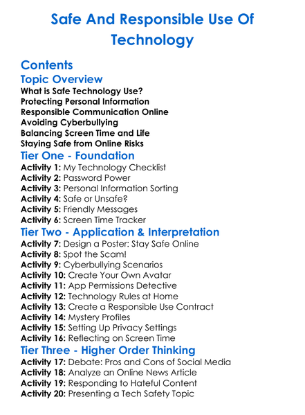 Safe And Responsible Use Of Technology Worksheet Activity Booklet