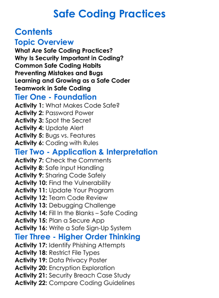 Safe Coding Practices Worksheet Activity Booklet