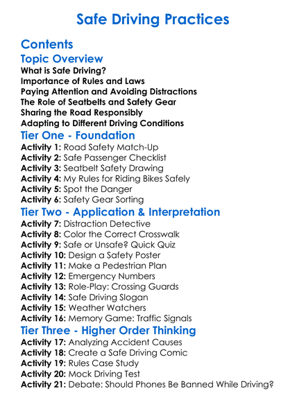 Safe Driving Practices Worksheet Activity Booklet