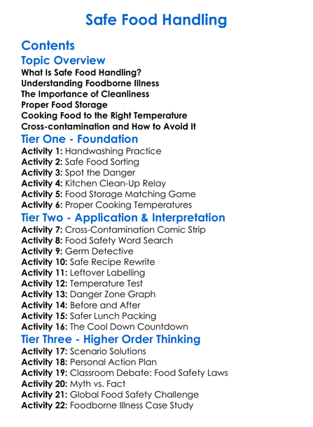 Safe Food Handling Worksheet Activity Booklet