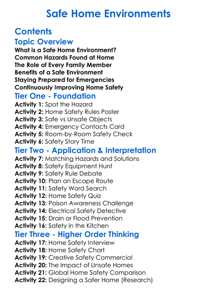 Safe Home Environments Worksheet Activity Booklet