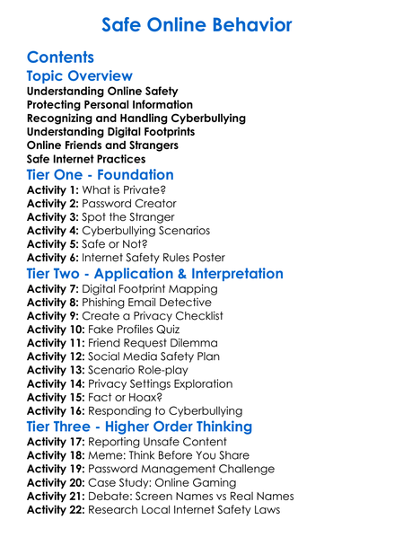 Safe Online Behavior Worksheet Activity Booklet
