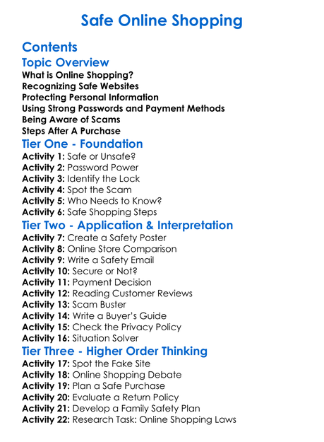 Safe Online Shopping Worksheet Activity Booklet