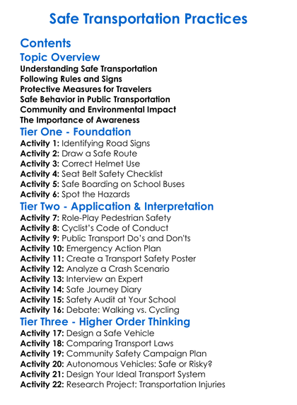 Safe Transportation Practices Worksheet Activity Booklet