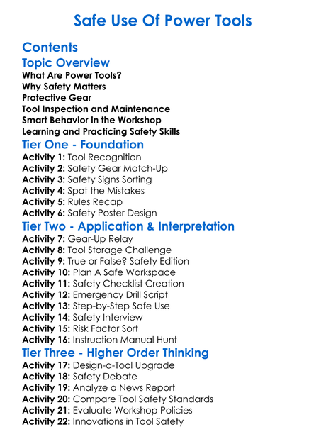 Safe Use Of Power Tools Worksheet Activity Booklet