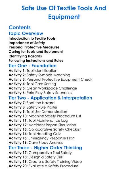 Safe Use Of Textile Tools And Equipment Worksheet Activity Booklet