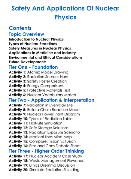 Safety And Applications Of Nuclear Physics Worksheet Activity Booklet