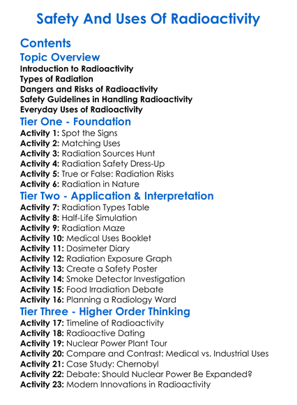 Safety And Uses Of Radioactivity Worksheet Activity Booklet