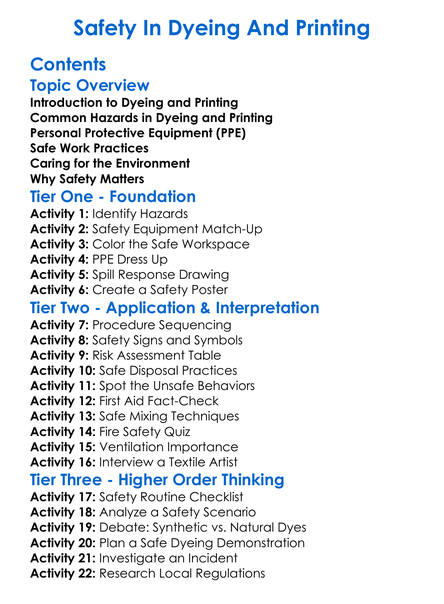 Safety In Dyeing And Printing Worksheet Activity Booklet