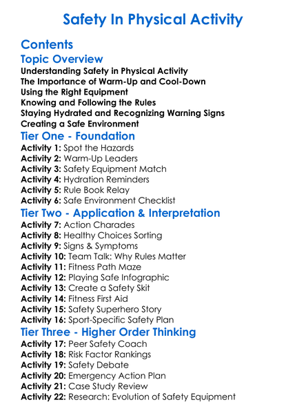 Safety In Physical Activity Worksheet Activity Booklet