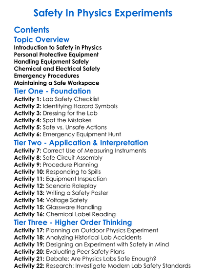 Safety In Physics Experiments Worksheet Activity Booklet