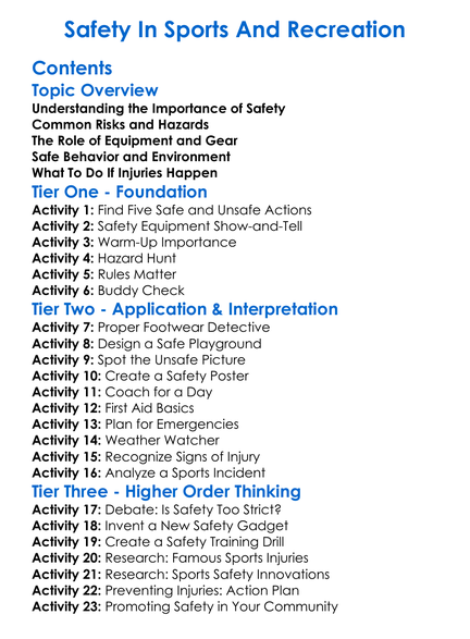 Safety In Sports And Recreation Worksheet Activity Booklet