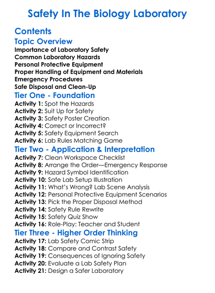 Safety In The Biology Laboratory Worksheet Activity Booklet