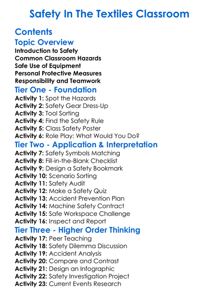 Safety In The Textiles Classroom Worksheet Activity Booklet