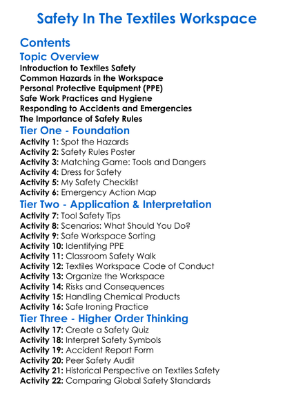 Safety In The Textiles Workspace Worksheet Activity Booklet