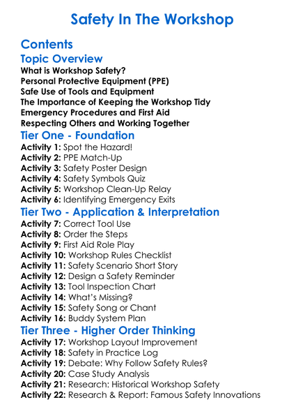 Safety In The Workshop Worksheet Activity Booklet