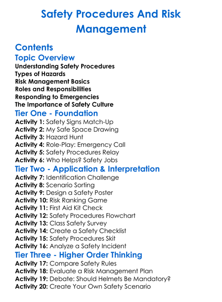Safety Procedures And Risk Management Worksheet Activity Booklet