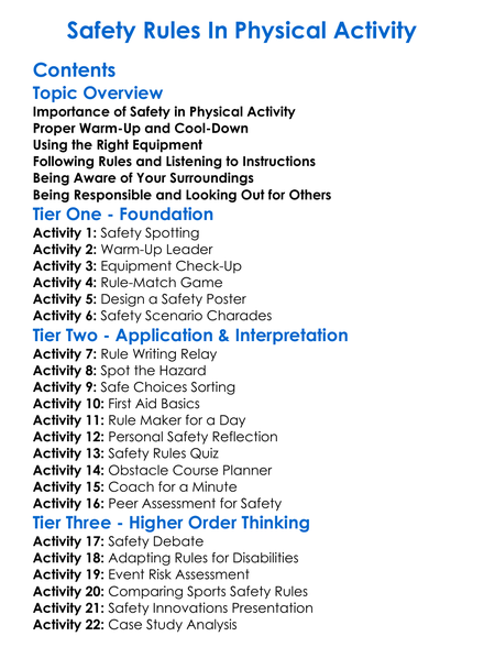 Safety Rules In Physical Activity Worksheet Activity Booklet