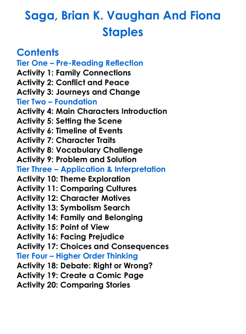 Saga Brian K Vaughan And Fiona Staples Worksheet Activity Booklet