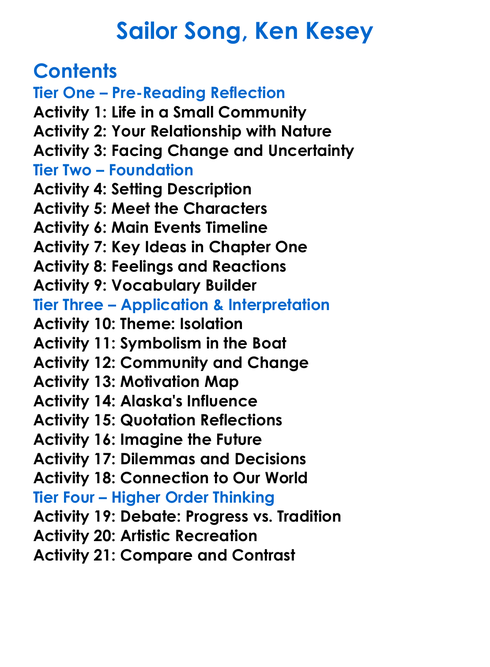 Sailor Song Ken Kesey Worksheet Activity Booklet