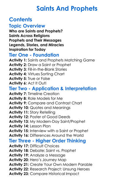 Saints And Prophets Worksheet Activity Booklet