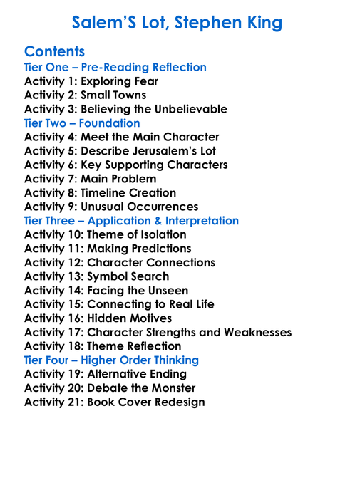 Salems Lot Stephen King Worksheet Activity Booklet