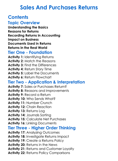 Sales And Purchases Returns Worksheet Activity Booklet