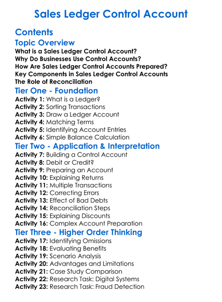 Sales Ledger Control Account Worksheet Activity Booklet