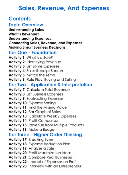 Sales Revenue And Expenses Worksheet Activity Booklet