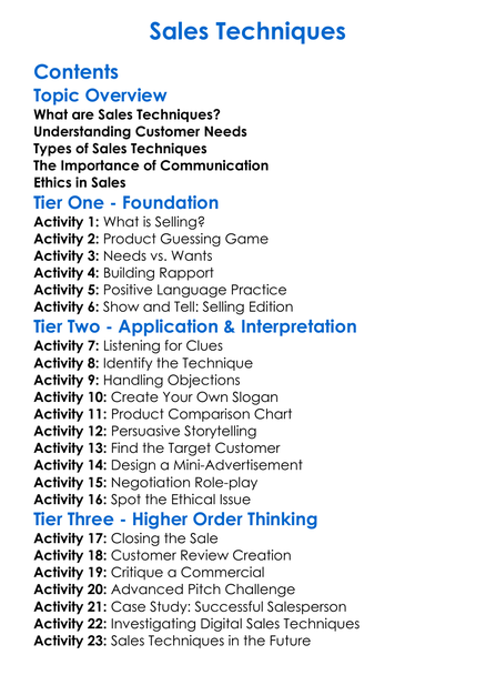 Sales Techniques Worksheet Activity Booklet