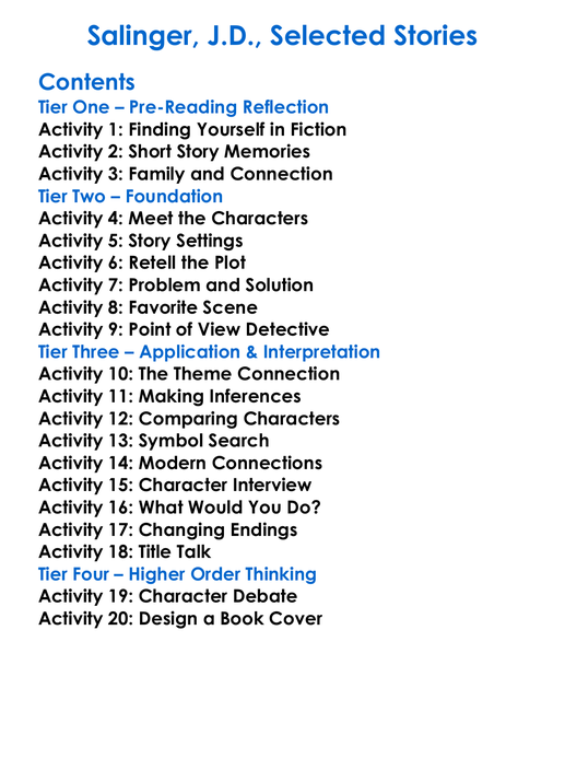 Salinger Jd Selected Stories Worksheet Activity Booklet