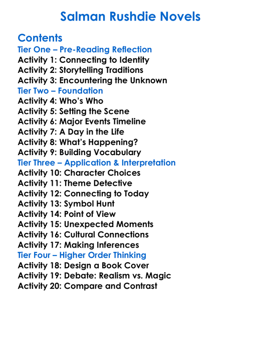 Salman Rushdie Novels Worksheet Activity Booklet