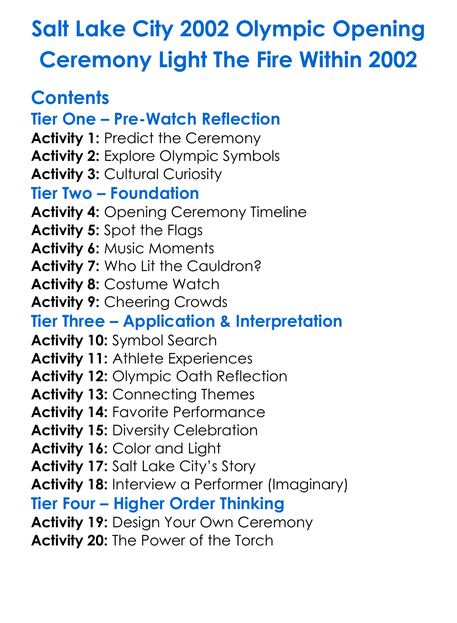 Salt Lake City 2002 Olympic Opening Ceremony Light The Fire Within 2002 Worksheet Activity Booklet